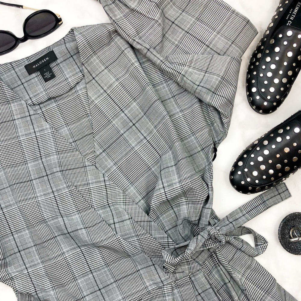 Gray Plaid Wrap Front Blouse